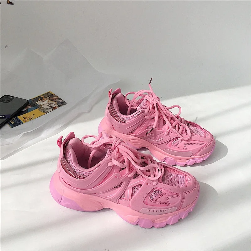LMCAVASUN Classic Fashion Track Women Sneakers Pink Lace Up Extend Sole Mesh And Leather Trainers Woman