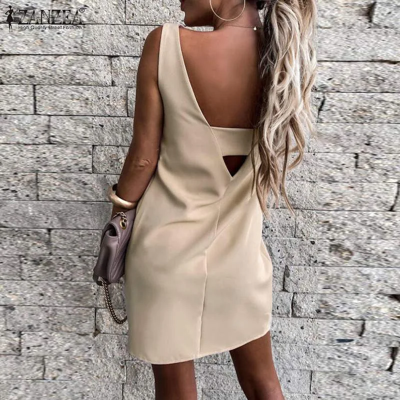 ZANZEA 2022 Summer Sleeveless Club Party Vestidos Sexy Women Backless Mini Dress Fashion Solid Short Sundress Casual Dresses