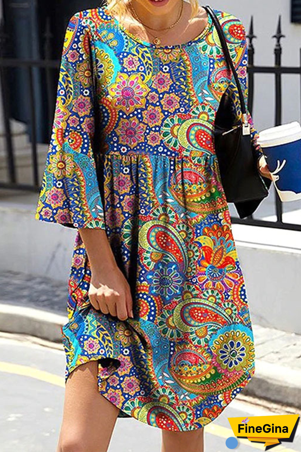 Fashion Print Patchwork O Neck Cake Skirt Dresses
