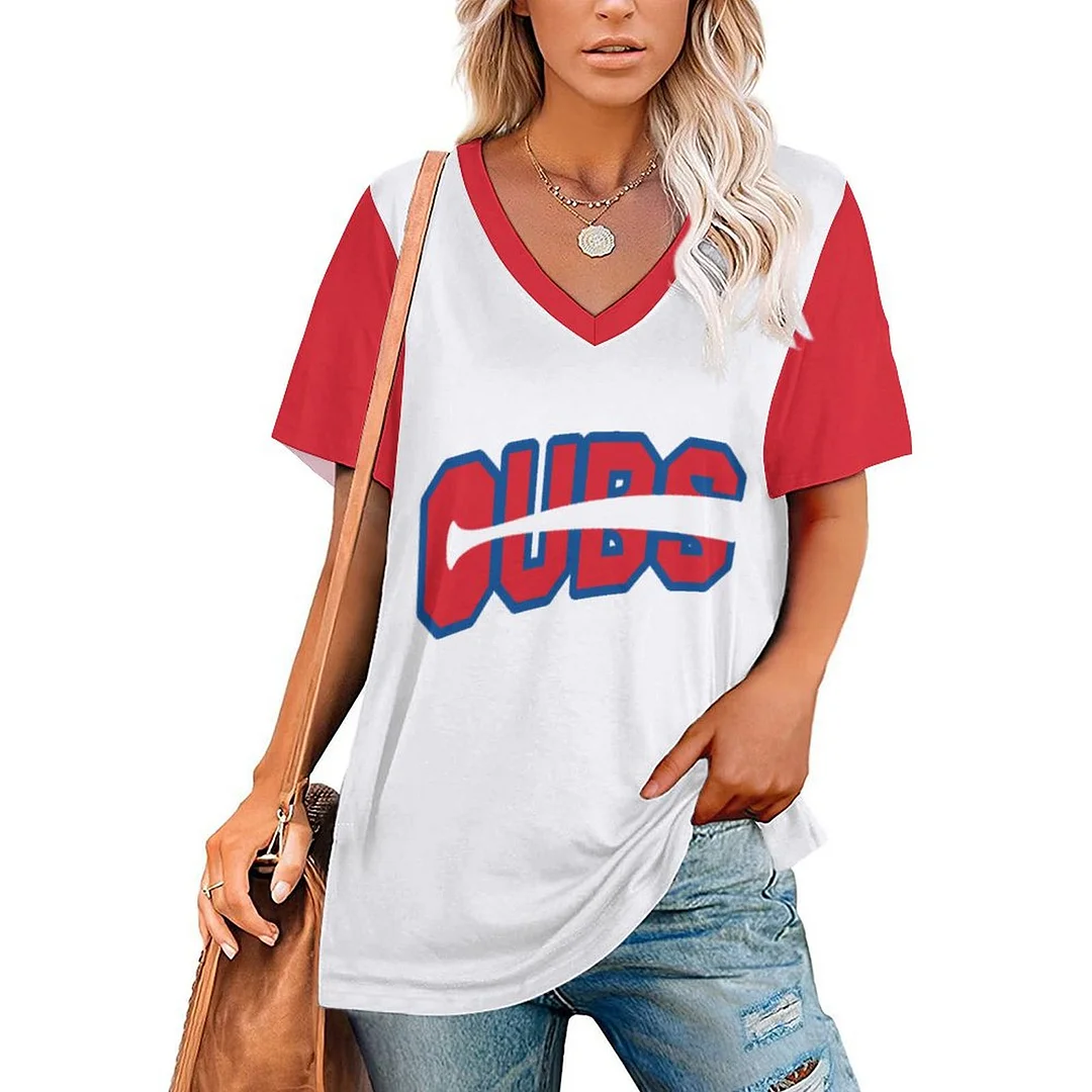 V-neck Short Sleeve Casual T-shirt for  Women Printed with Pattern,Blue,Red