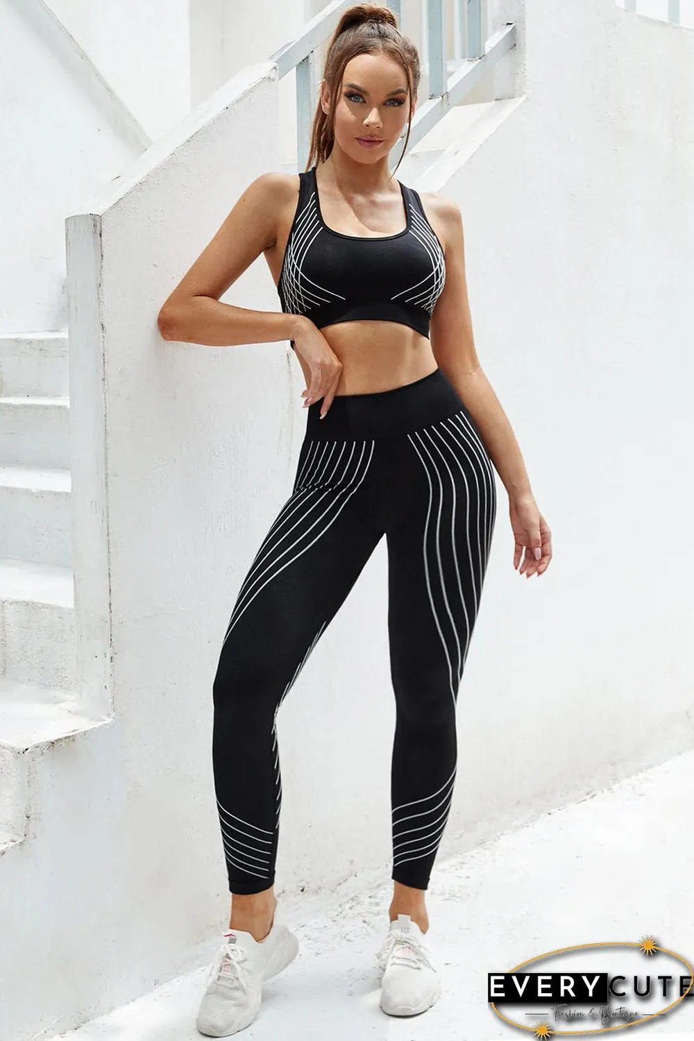 Black Striped Racerback Tank Top and High Waist Pants Active Set
