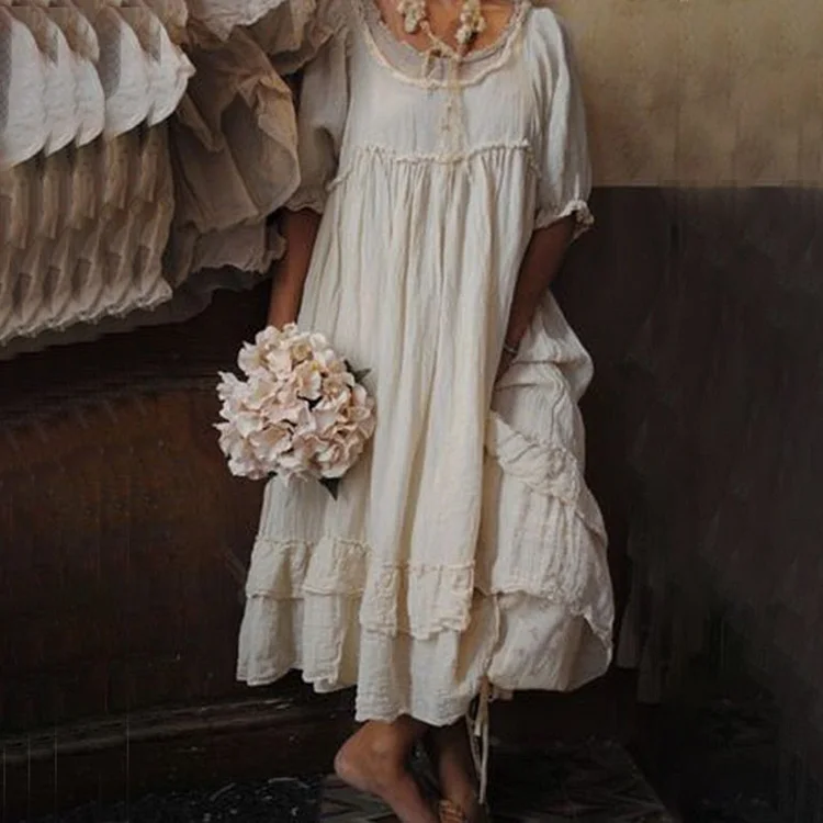 Comfy vintage cotton and linen maxi dress with ruffled edge