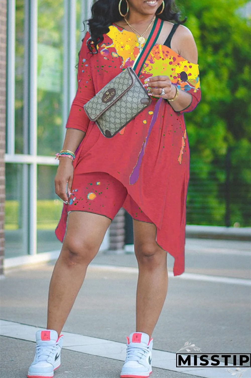 Burgundy Fashion Casual Print Basic Asymmetrical Oblique Collar Long Sleeve Two Pieces