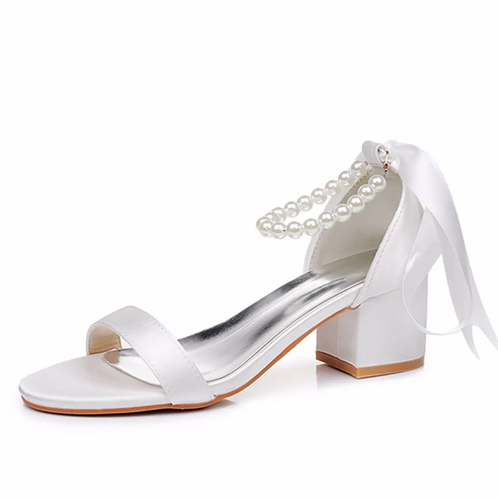Breakj Breakj Cm Square Heel Sandals Shallow Mouth With Thick Heel Sandals White Beads Drifted Sandals Bride Wedding Sandals