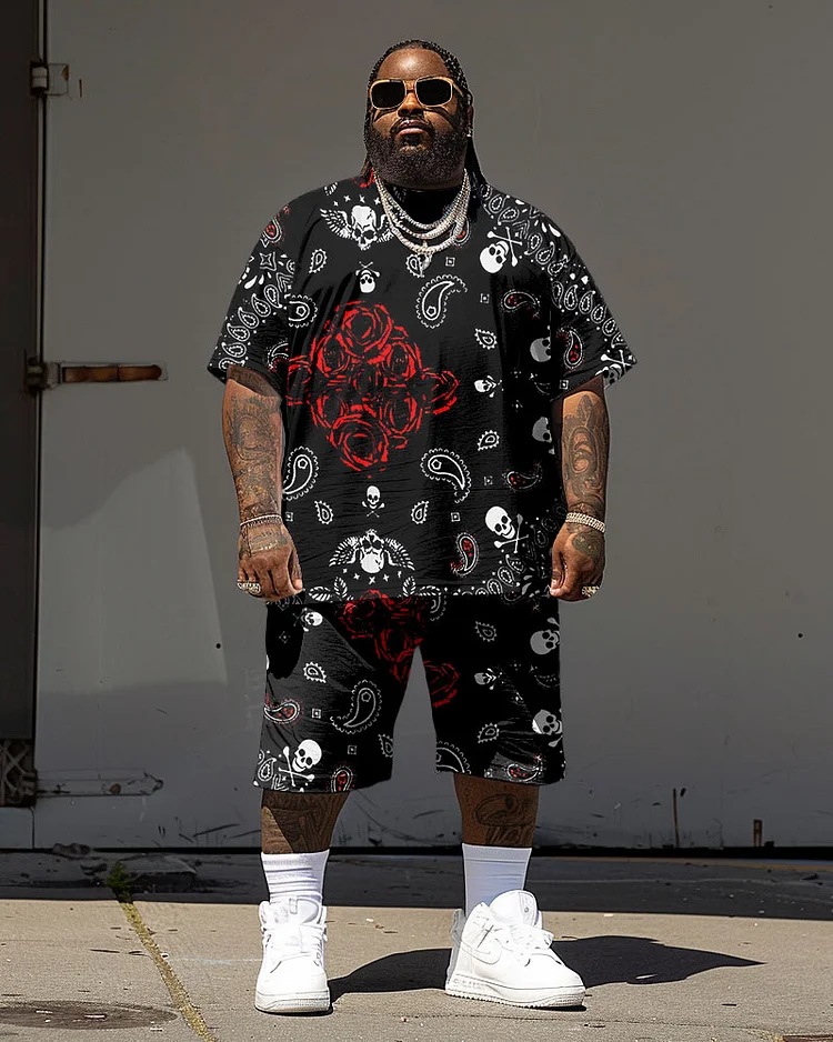 Men's Plus Size Street Hip Hop Rose Skull Paisley Print T-Shirt Shorts Suit