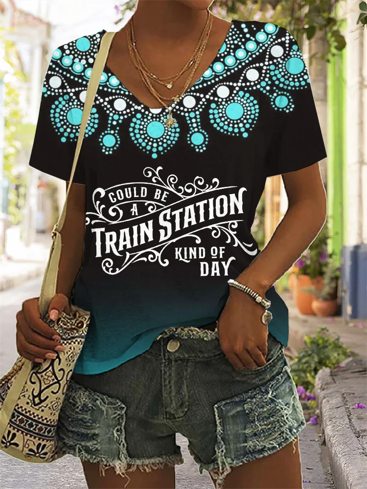 Western Train Station Graphic V Neck Comfy T Shirt