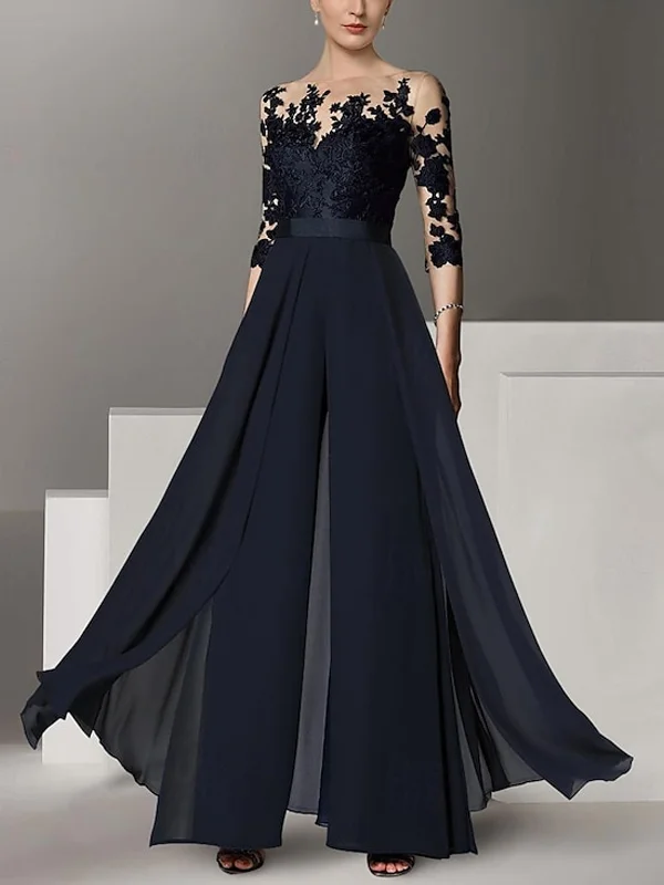 Round Neck Solid Color Lace Jumpsuit