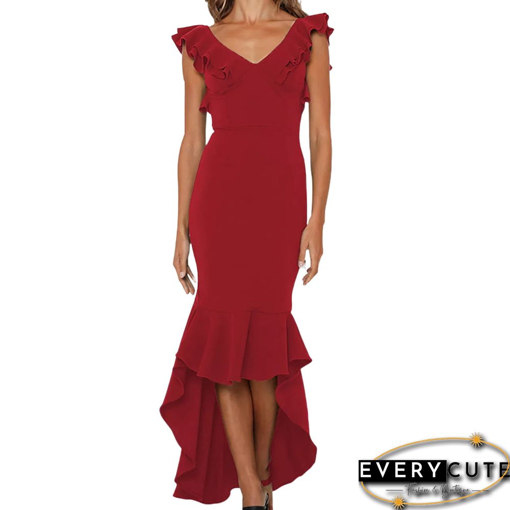 Red Mermaid Hem Ruffle Sleeveless High Low Evening Dress