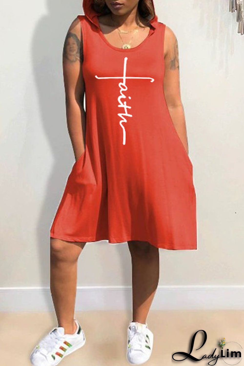 Light Blue Fashion Casual Print Basic Hooded Collar Sleeveless Dress Dresses