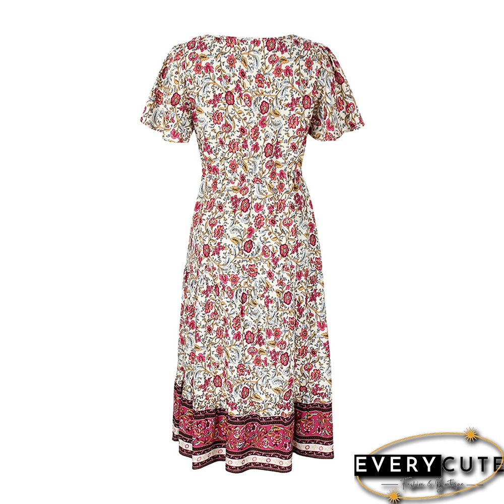 White Short Sleeve V Neck Boho Dress