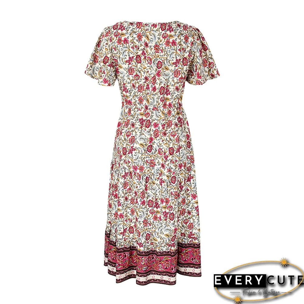 White Short Sleeve V Neck Boho Dress