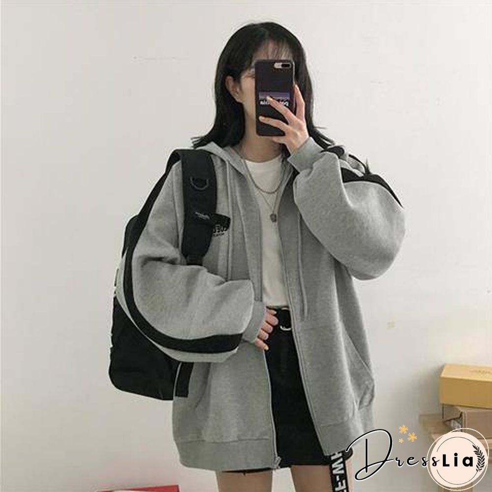 streetwear Harajuku Oversized sweatshirt women print Letter zip up Hoodies Student Plus Size Outwear Female Loose tops