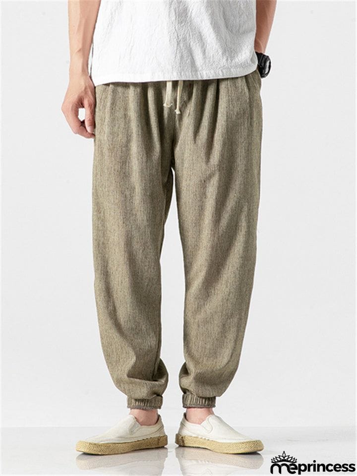 Men Cotton Linen Lightweight Drawstring Pants