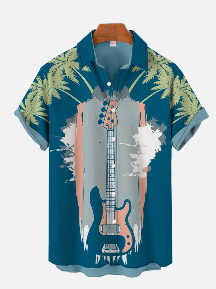 Blue Electric Guitar Beach Short Sleeve Shirt