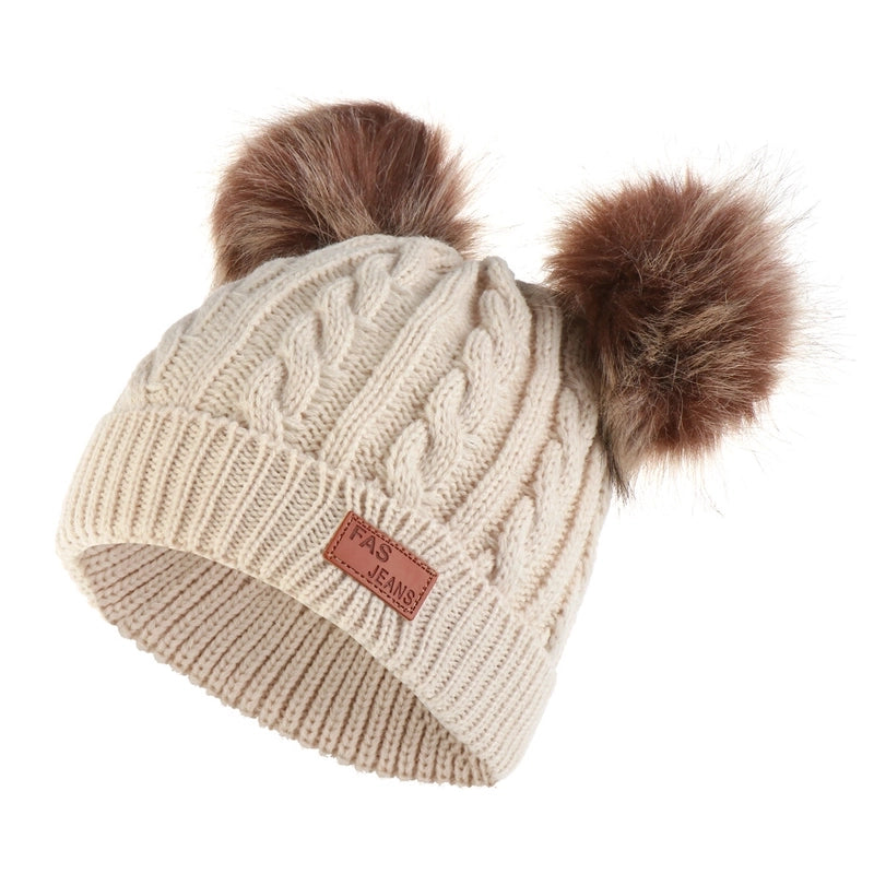 Autumn And Winter Children’s Thickened Wool Hat Ear Double Hair Ball Warm Ear Protection Knitted Hat Set With Standard Solid Color Hat