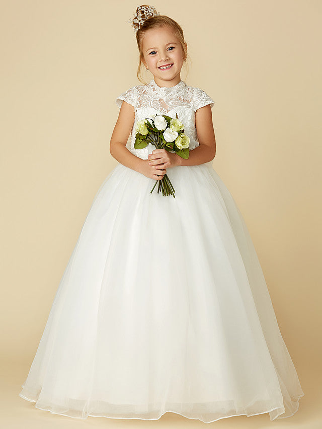 Daisda Ball Gown Short Sleeve High Neck Flower Girl Dress Floor Length