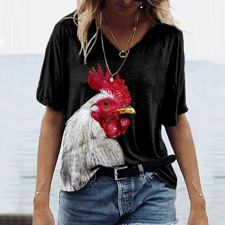 Wearshes Short Sleeve V-Neck Rooster Print T-Shirt