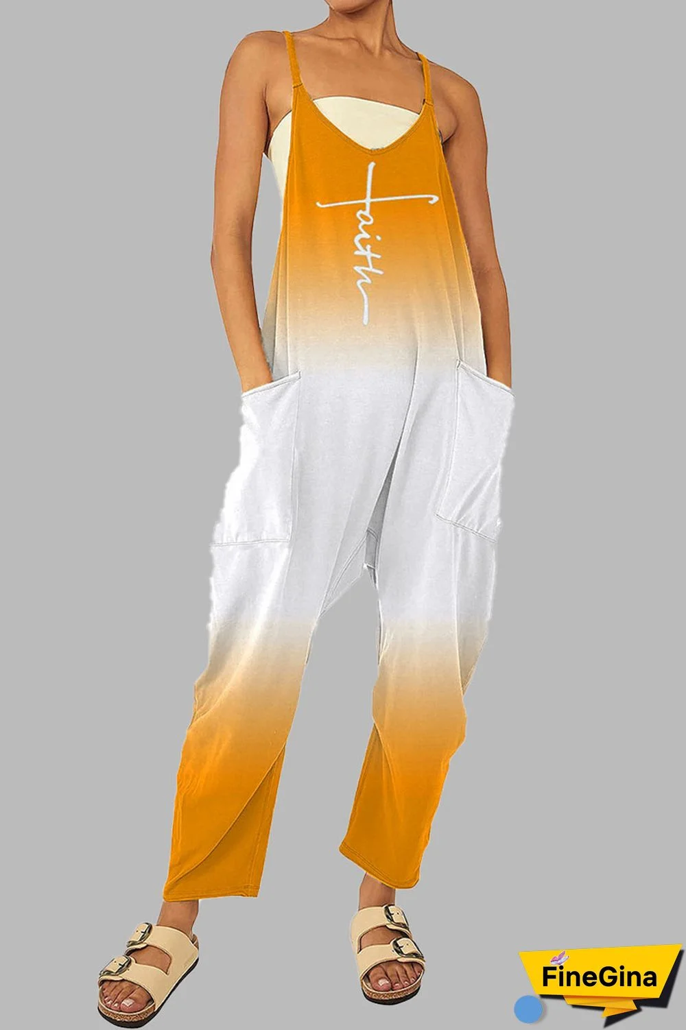 Black khaki Casual Gradual Change Print Patchwork Pocket Zipper Spaghetti Strap Loose Jumpsuits