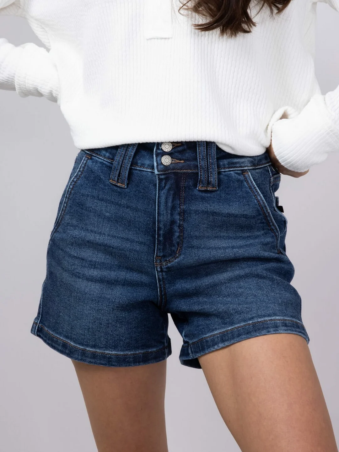 Women's High Waist Denim Shorts - Stretch Double Button Retro Style, Rayon-Spandex Blend, Machine Washable Summer Casual Shorts For Versatile Daily Wear | IFYHOME