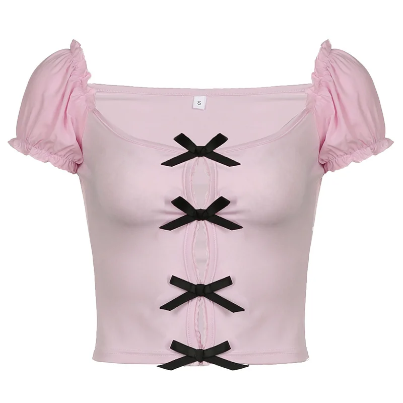 Ueong Romantic Style Engraved Empty Lace Bow Spliced U-Collar T-Shirt Ins Pure Bubble Sleeve Pink Slimming Blouse