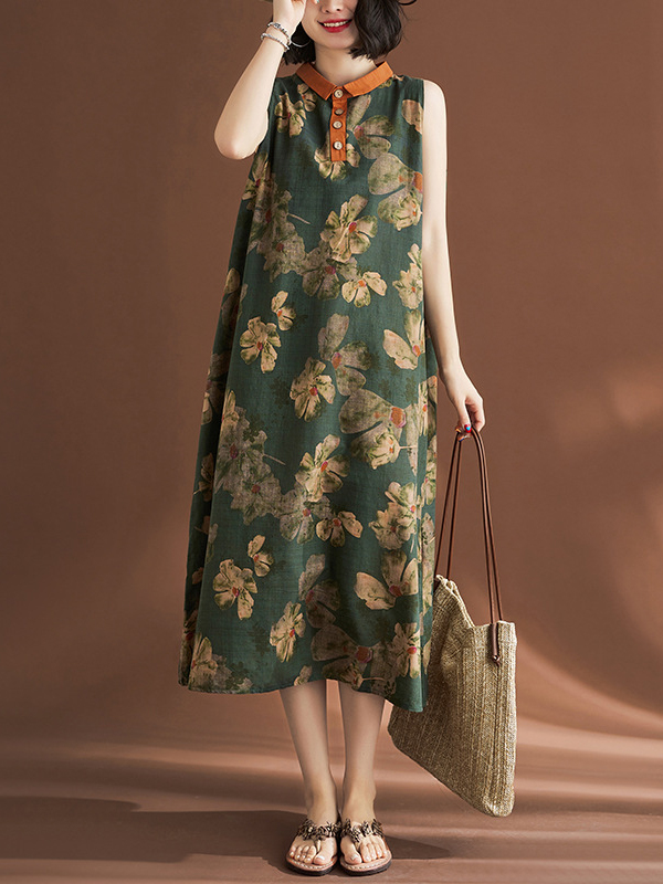 Floral Pattern Contrast Lapel Button Detail Midi Dress