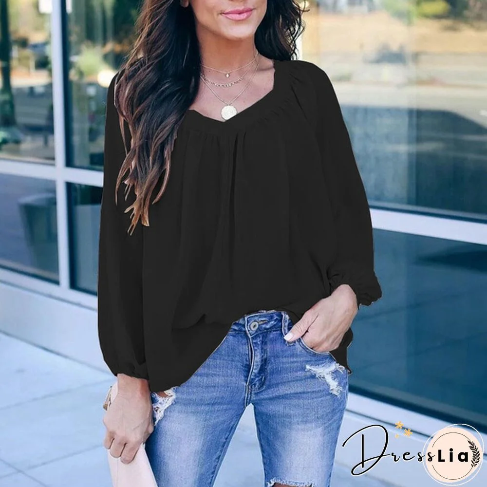 Plus Size XS-8XL Women's Fashion Clothes Pure Color Long Sleeve Shirts Elegant Ladies Casual V-neck Tops Spring and Autumn Bow-knot Lace Up Loose Chiffon Blouse
