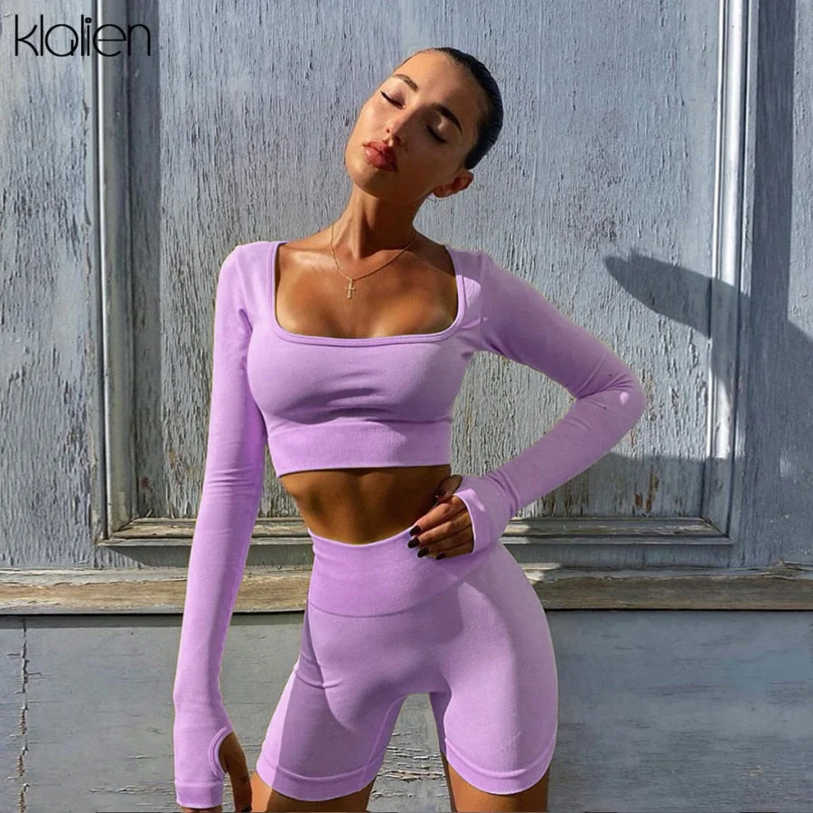 KLALIEN Women Sexy High Street Top and Shorts Two Piece Set Casual Solid Soft Cotton Stretch Fitness Running Tracksuit Autumn