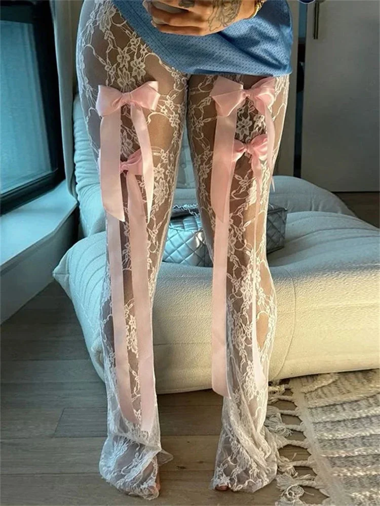 Huiketi Bow Lace See-Through Trousers Female Printed High Waist Fashion Summer Sexy Mesh Women's Pants Patchwork Slim Trousers