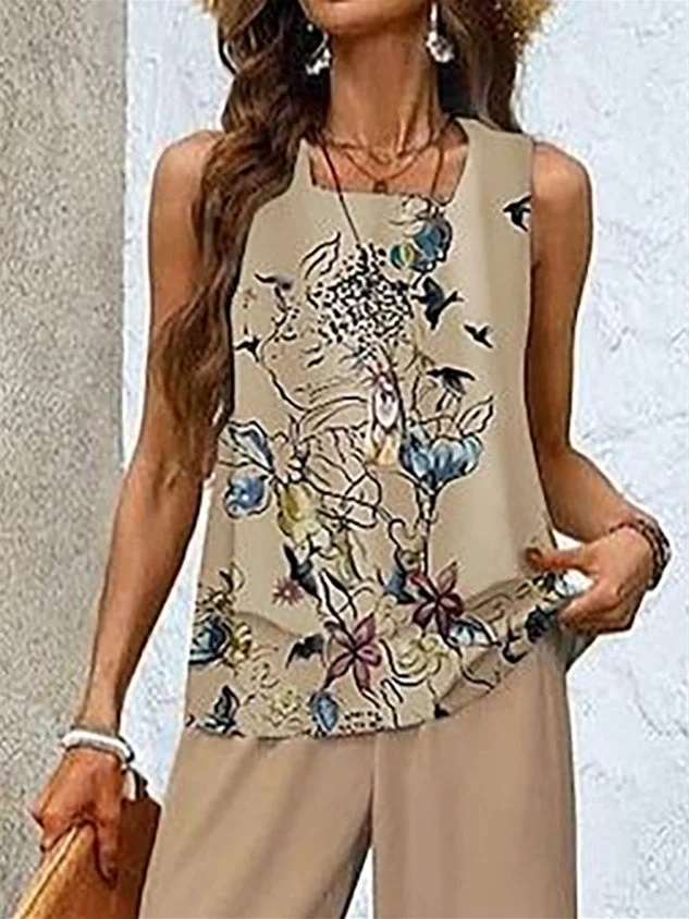 Women's Sleeveless Square Collar Floral Printed Casual Set