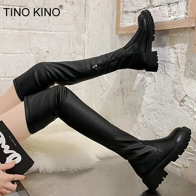 Soft PU Leather Long Boots For Women Slip On Mid Calf Boots Platform Ankle Boots Ladies Shoes Woman 2021 Autumn Winter Footwear