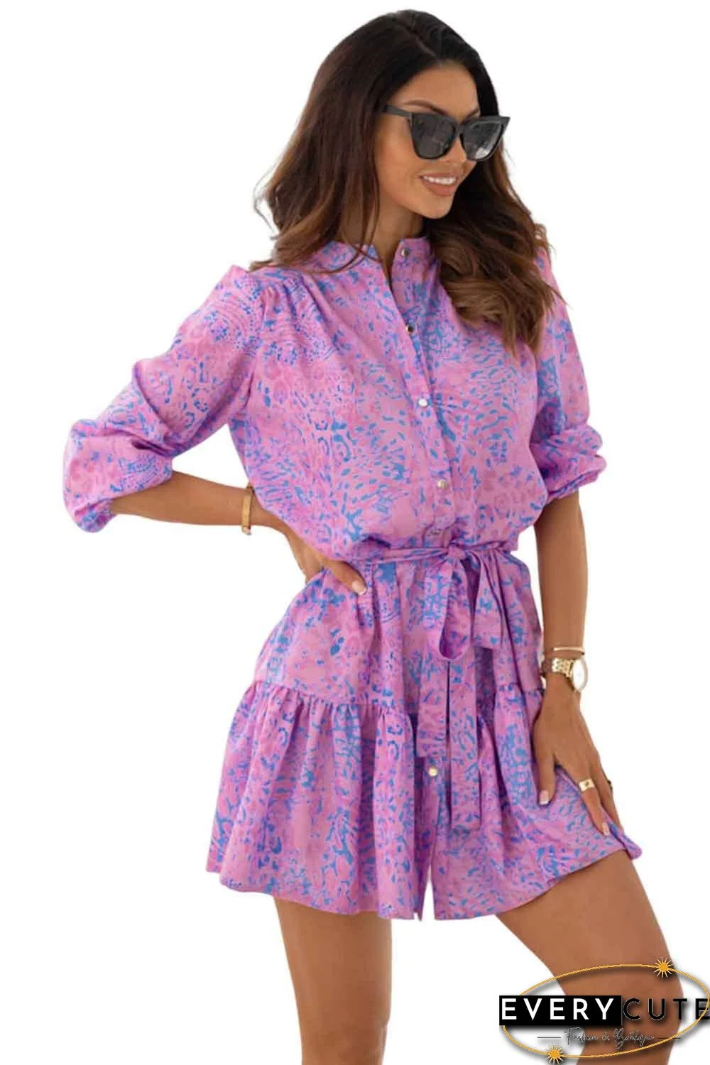 Purple Leopard Print Long Sleeve Shirt Dress