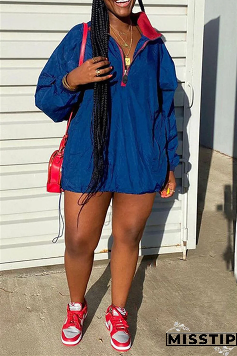 Deep Blue Fashion Casual Solid Patchwork Zipper Collar Long Sleeve Dresses