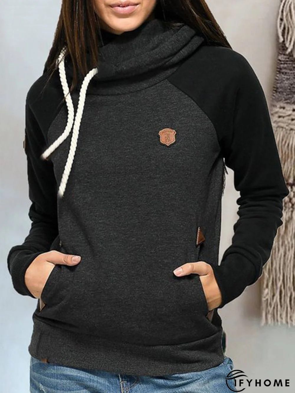 Black-Grey Paneled Hoodie Solid Casual Sweatshirt | IFYHOME