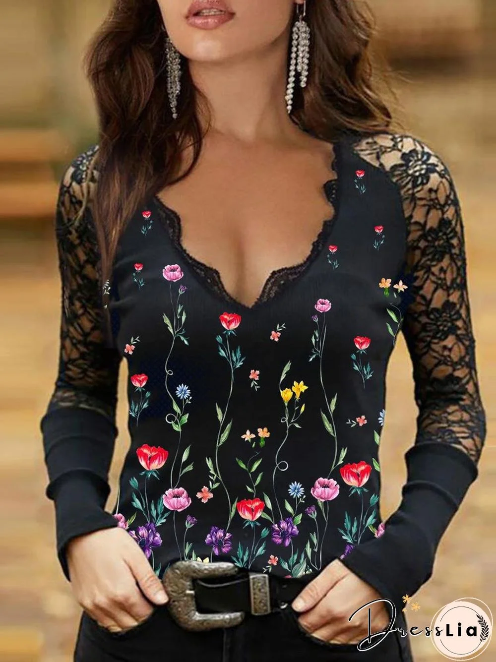 Floral V Neck Lace Casual Tops