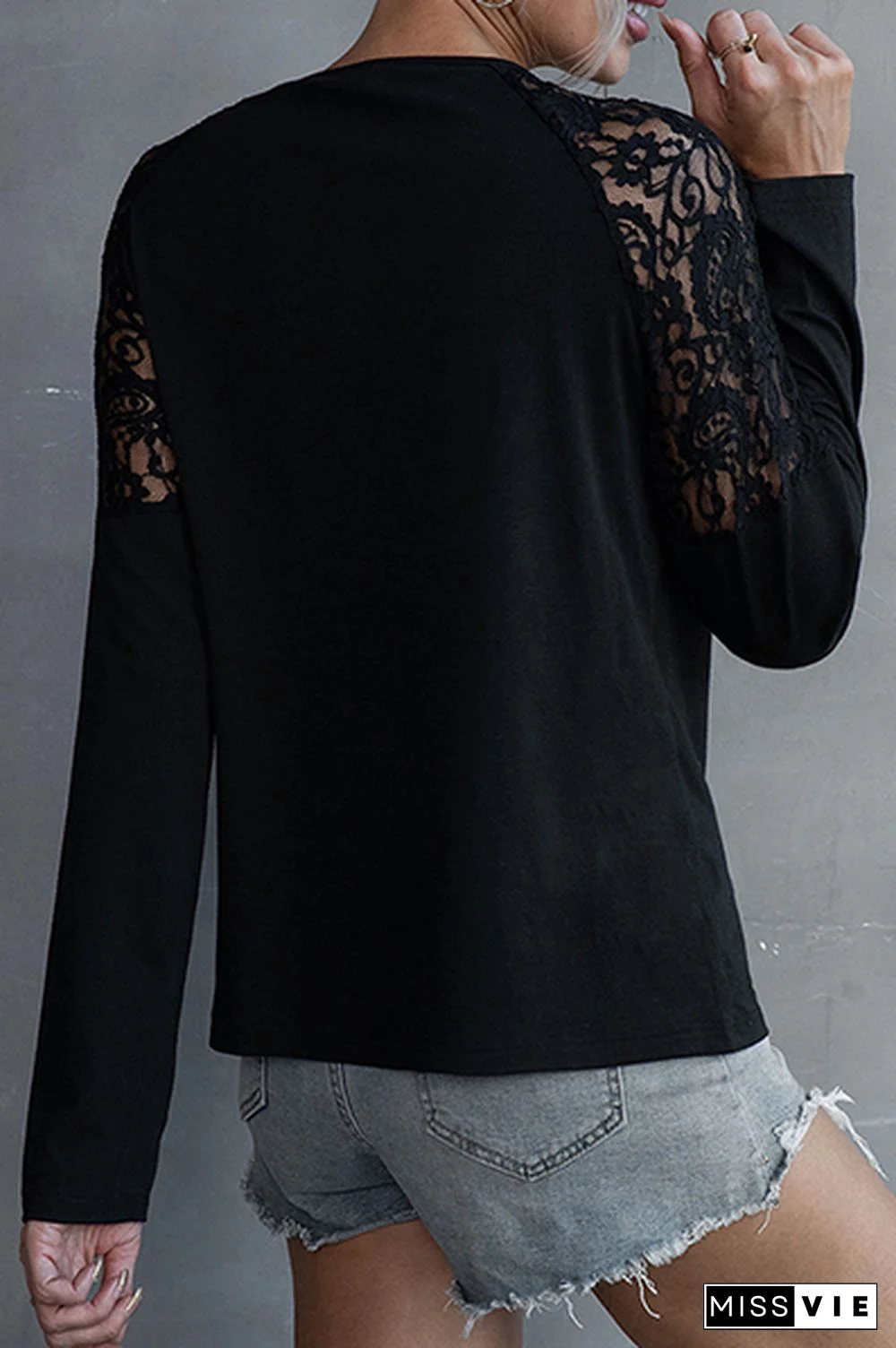 Casual Patchwork Lace Hollowed Out O Neck Tops