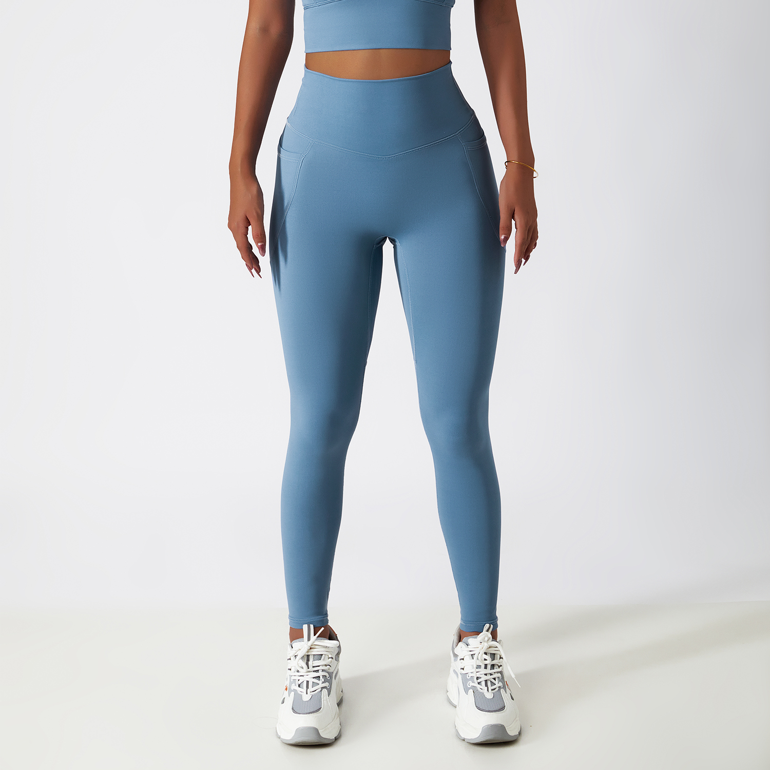 Buy Hergymclothing Light Gray Blue high rise no front seam squat proof cloud feeling breathable comfort lightweight non see through yoga pants with side pockets online