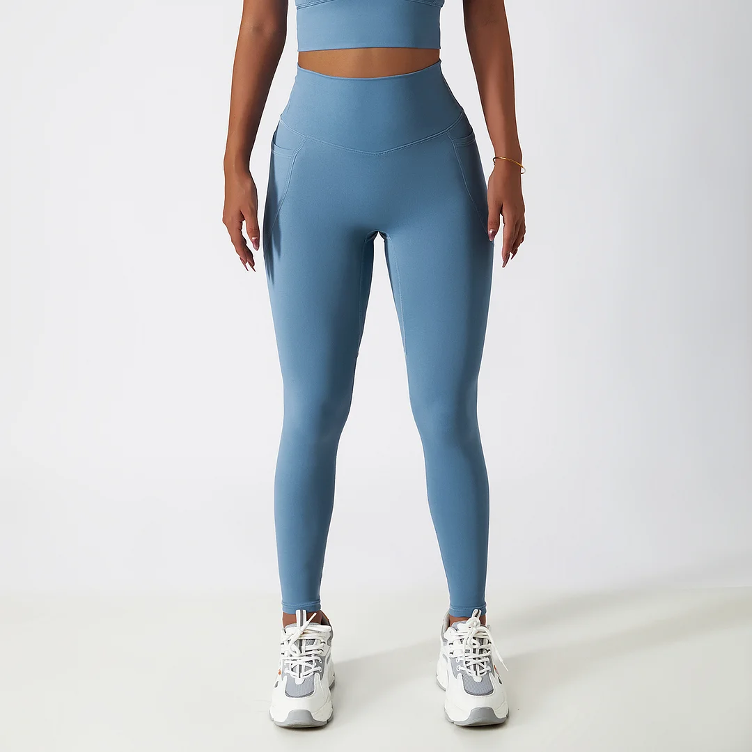 Buy Hergymclothing Light Gray Blue high rise no front seam squat proof cloud feeling breathable comfort lightweight non see through yoga pants with side pockets online