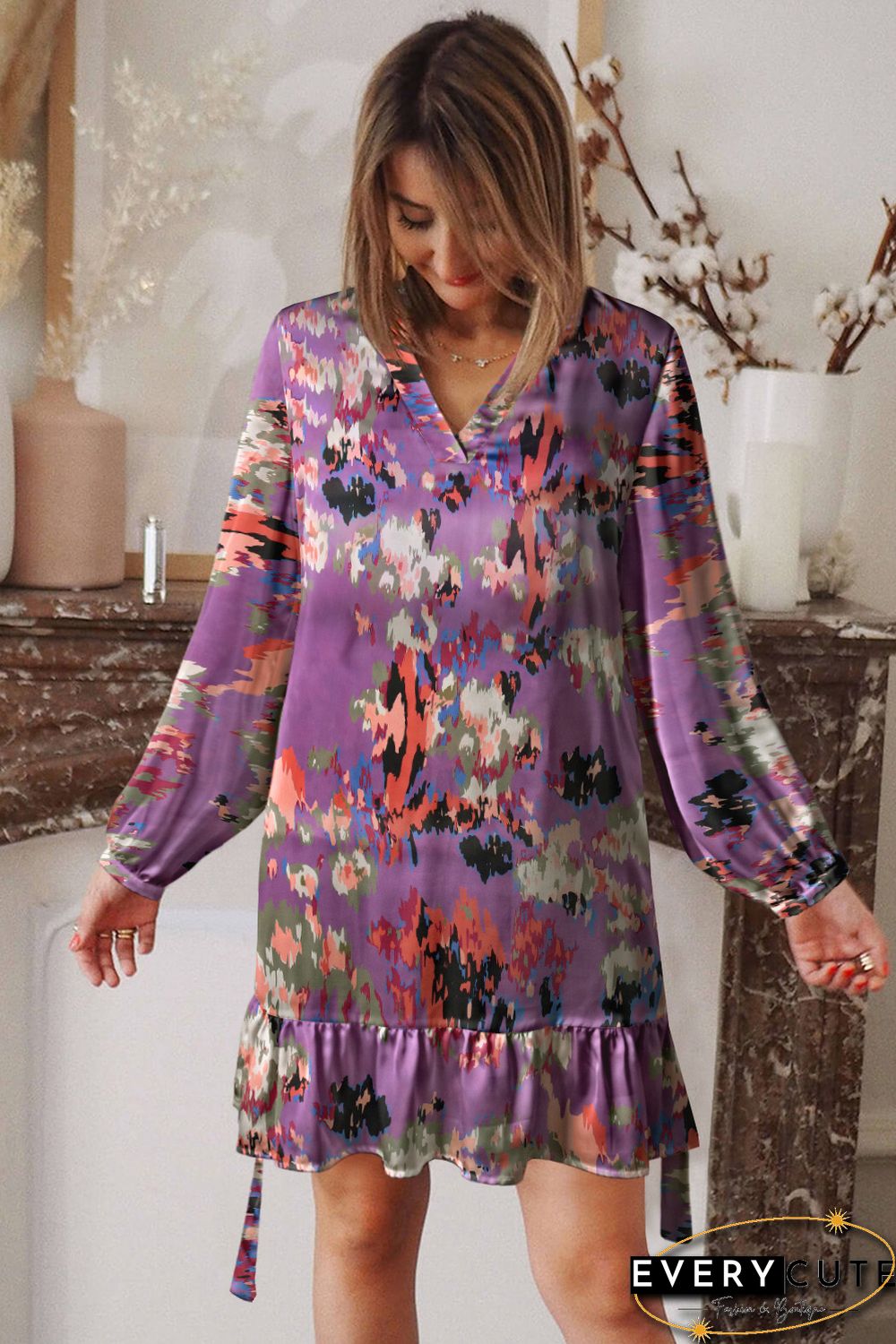 Purple Abstract Print Ruffled Drawstring High Waist Mini Dress
