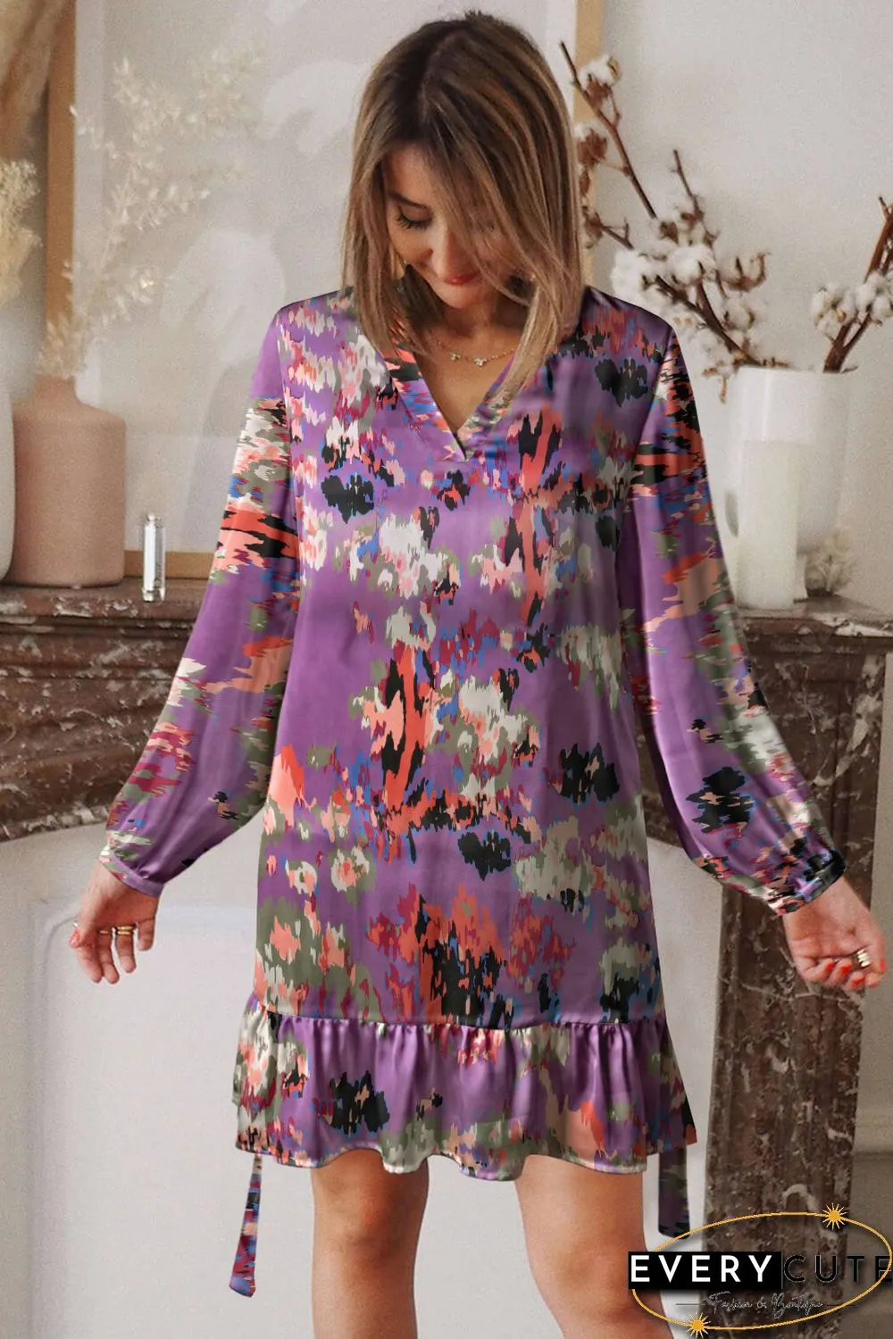 Purple Abstract Print Ruffled Drawstring High Waist Mini Dress