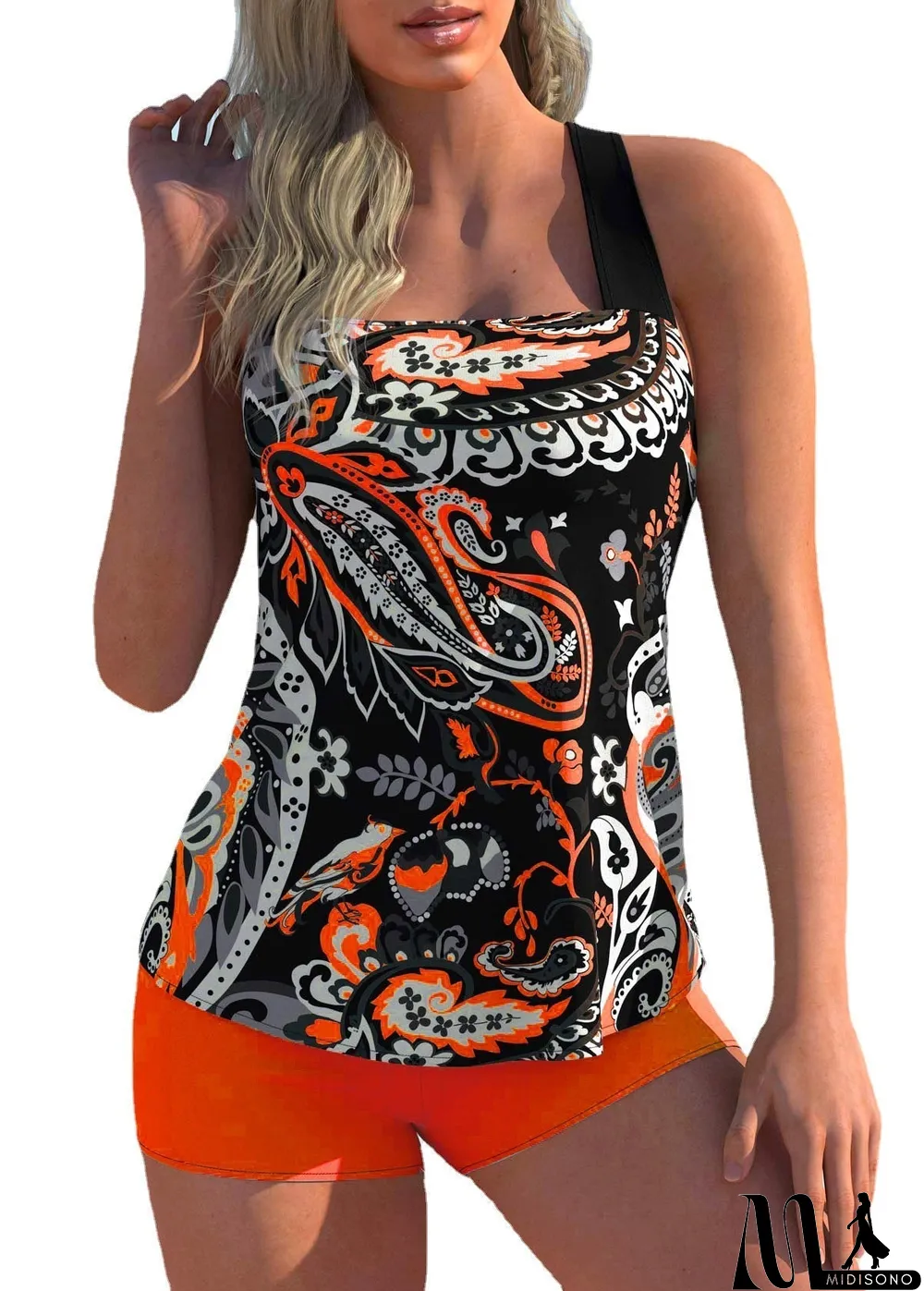 MidiSono - Plus Size Swimwear Sleeveless Floral Printed Geometric Tankini