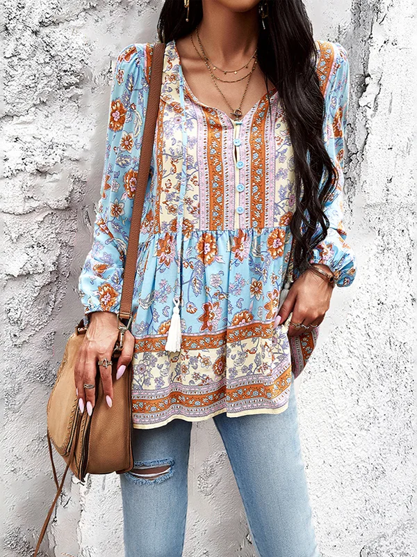 Tasseled Split-Joint Flower Print Elasticity Buttoned Puff Sleeves Loose V-Neck Blouses&Shirts Tops