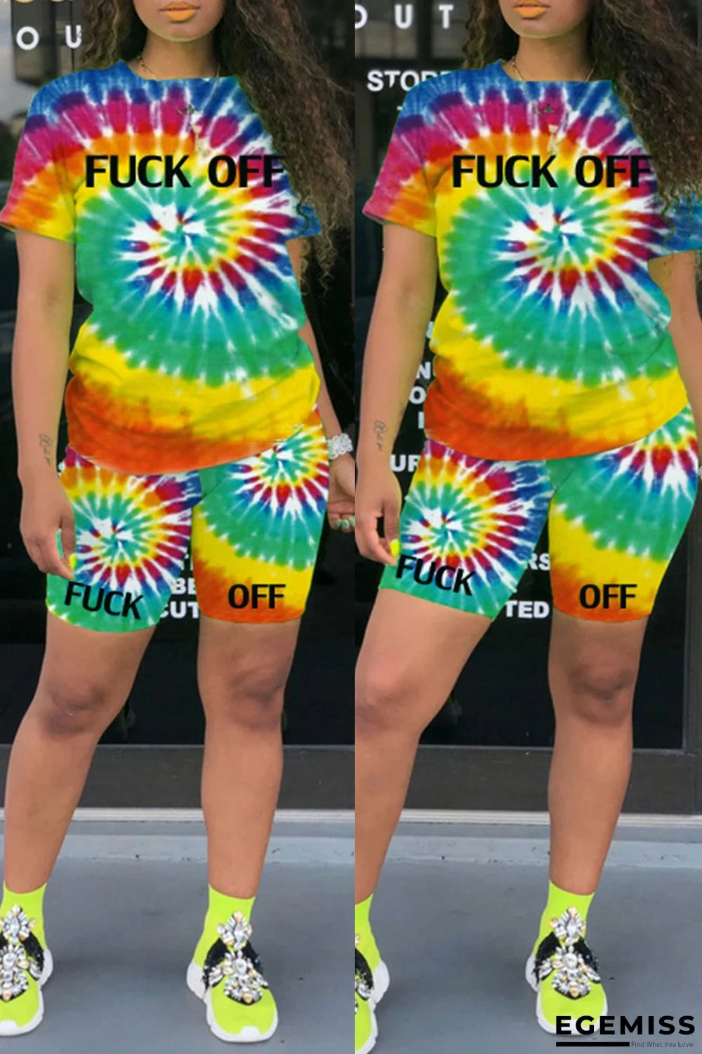 Yellow Fashion Casual Print Tie-dye O Neck Short Sleeve Two Pieces | EGEMISS