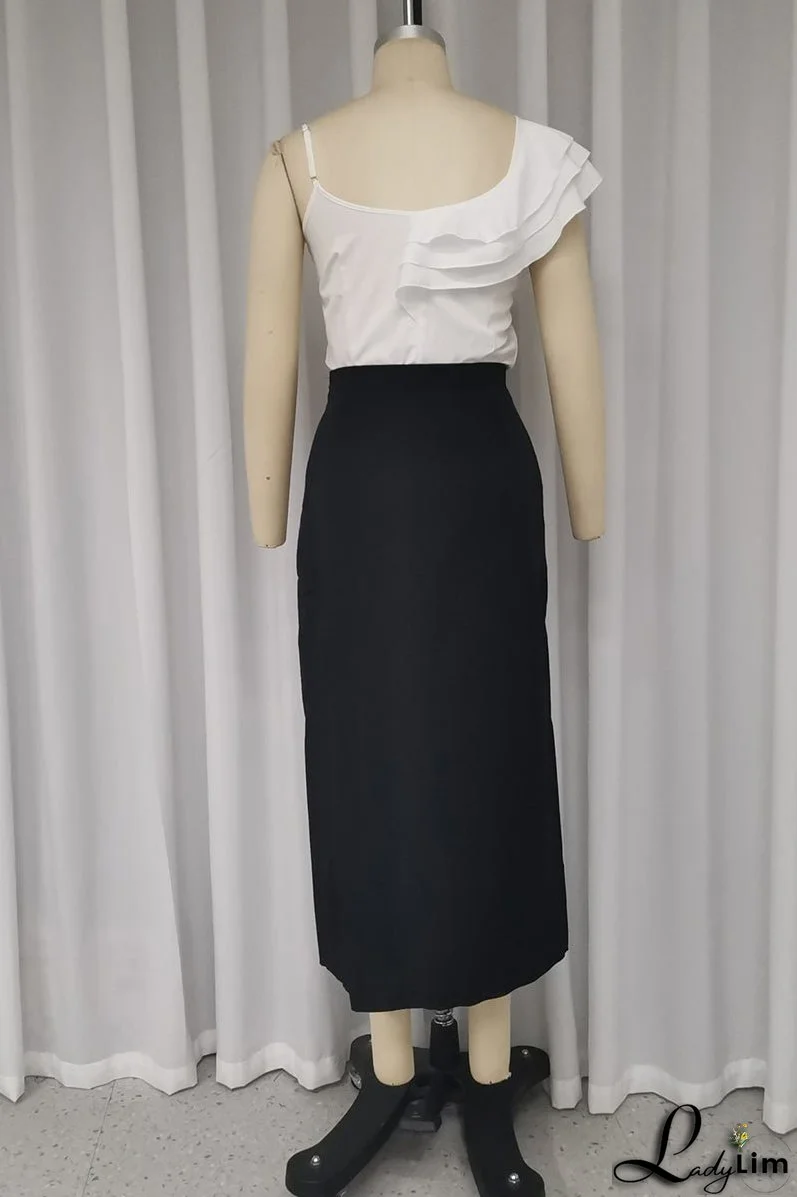 Sexy Celebrities Solid Color Ruffle Slit With Belt V Neck Sleeveless Two Pieces