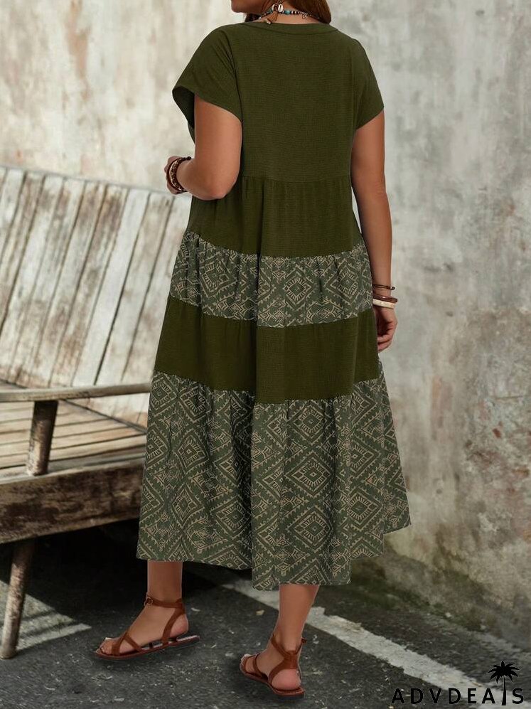 Plus Size Women's Geometric Printed Casual Short Sleeve Country Linen Dress With Notched Neckline And Ruffled Hem For Summer