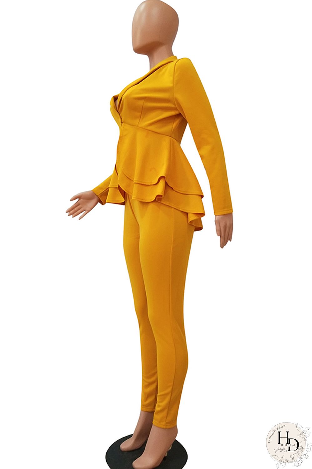 Black Casual Two Piece Suits Patchwork ruffle Solid pencil Long Sleeve