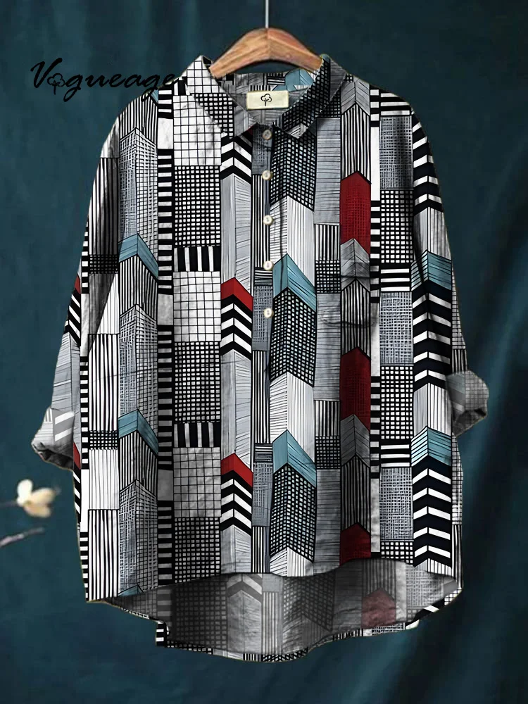 Black And White Spots Lines And Bright Colors Printed Cotton And Linen Shirt