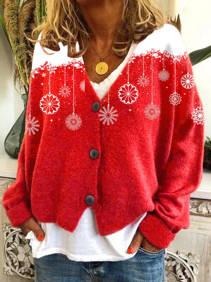 Women's Christmas Printed Loose Flannel Cardigan