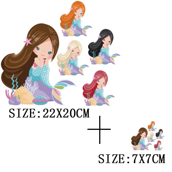 Beautiful Mermaid Thermal Stickers On T-shirt Bag DIY Washable Patches Cute Design Iron On Transfers For Clothes Appliqued Decor