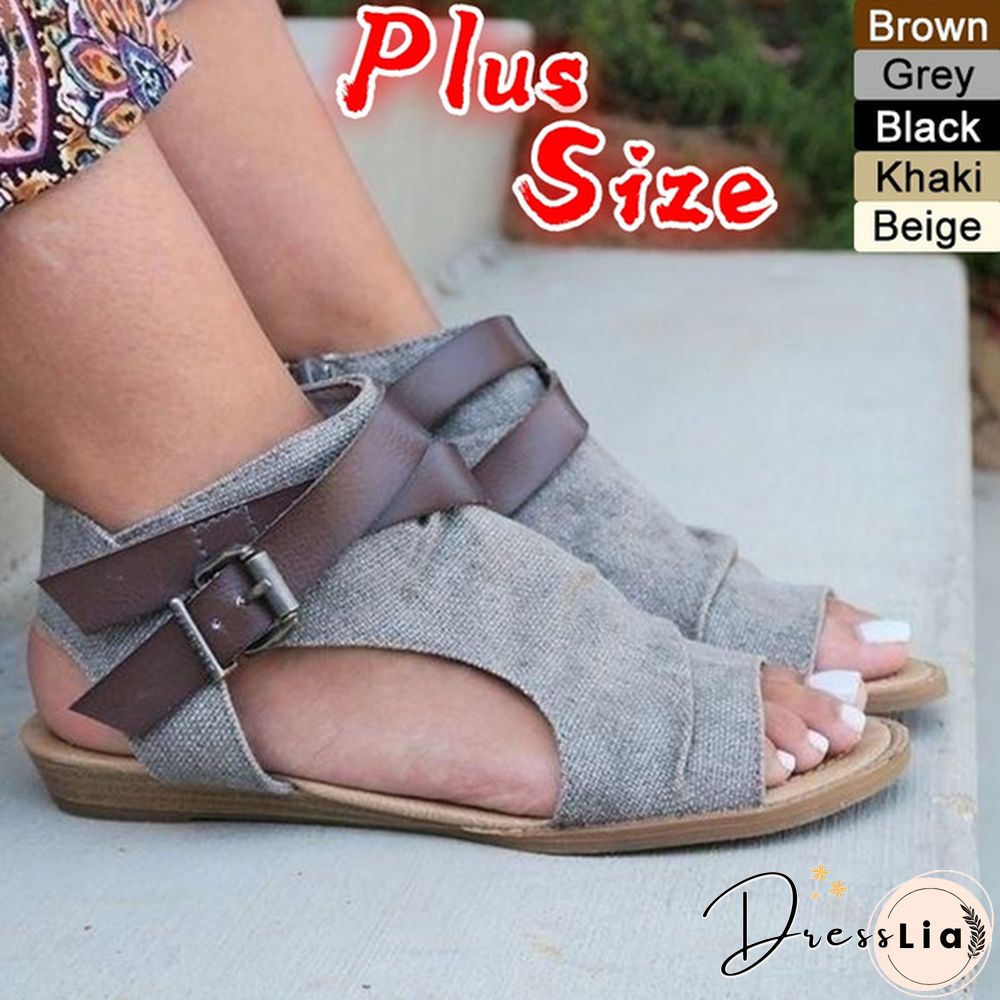 Summer Women Fashion Flat Sandals Girls Retro Roman Buckle Sandals Plus Size