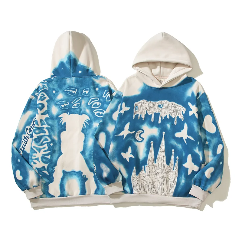 Abebey-Vintage Mud Tie Dye Sky City Y2k Baggy Fleece Hooded Hoodies Unisex Streetwear Ropa Hombre Casual Sudaderas Pullover Sweatshirts